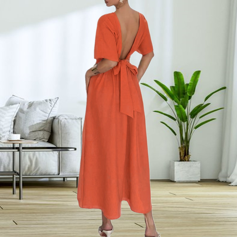 Woven round neck belt fashion European style dress for women