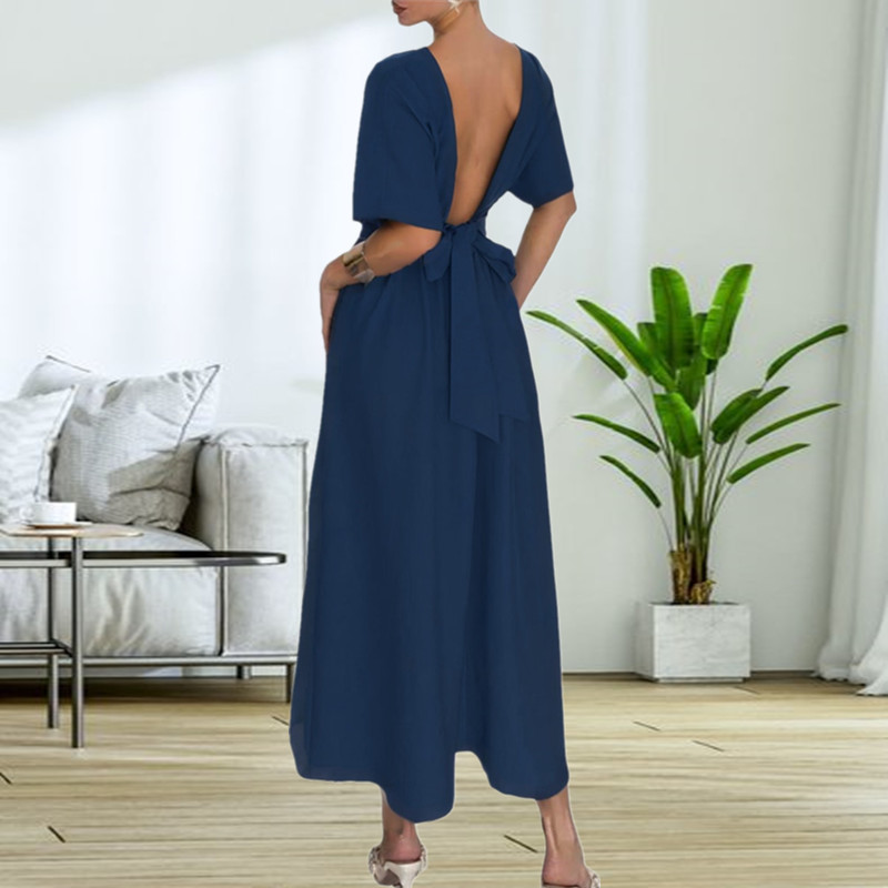Woven round neck belt fashion European style dress for women