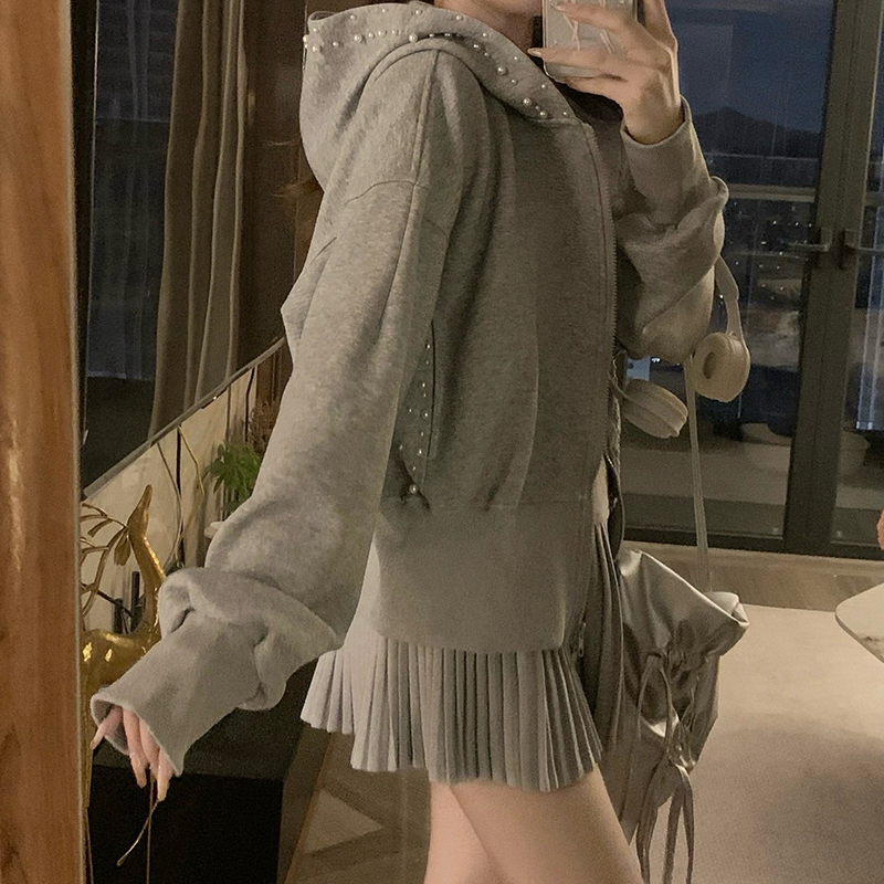 Couples pearl coat autumn pinched waist hoodie for women