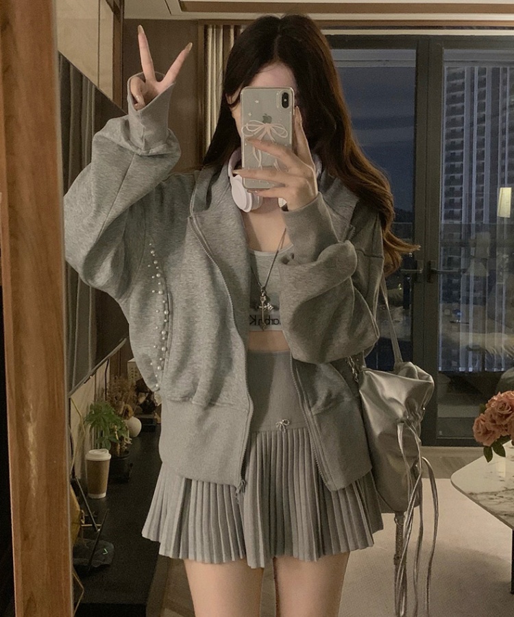 Couples pearl coat autumn pinched waist hoodie for women