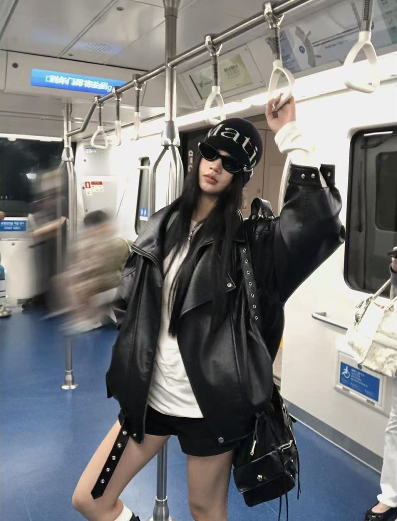 American style locomotive coat autumn black leather coat