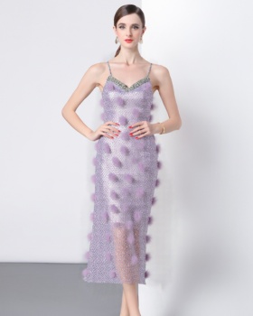 Gauze temperament V-neck long dress sling sequins dress