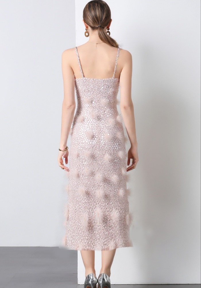 Gauze temperament V-neck long dress sling sequins dress