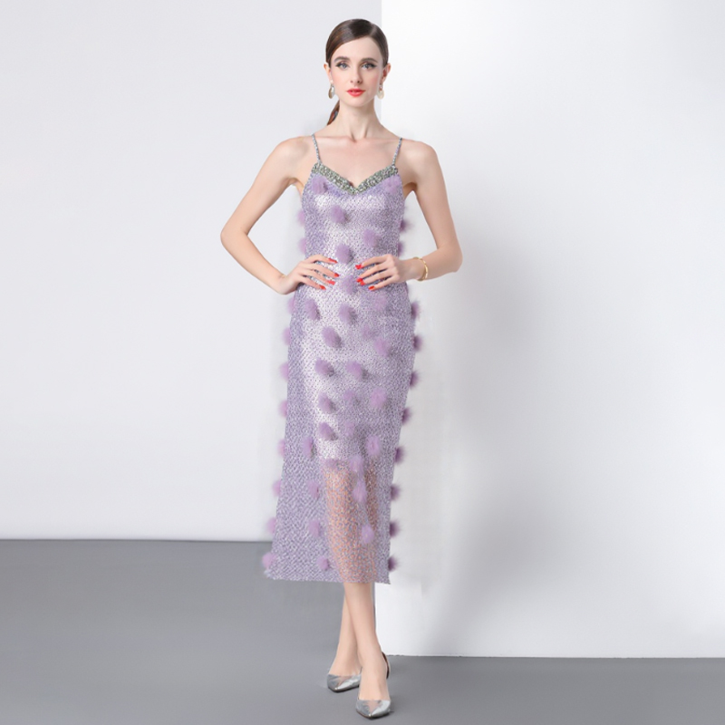 Gauze temperament V-neck long dress sling sequins dress