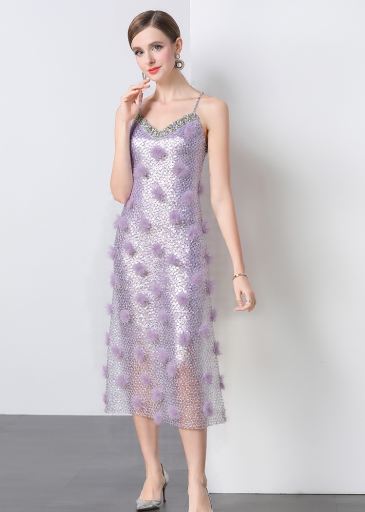 Gauze temperament V-neck long dress sling sequins dress