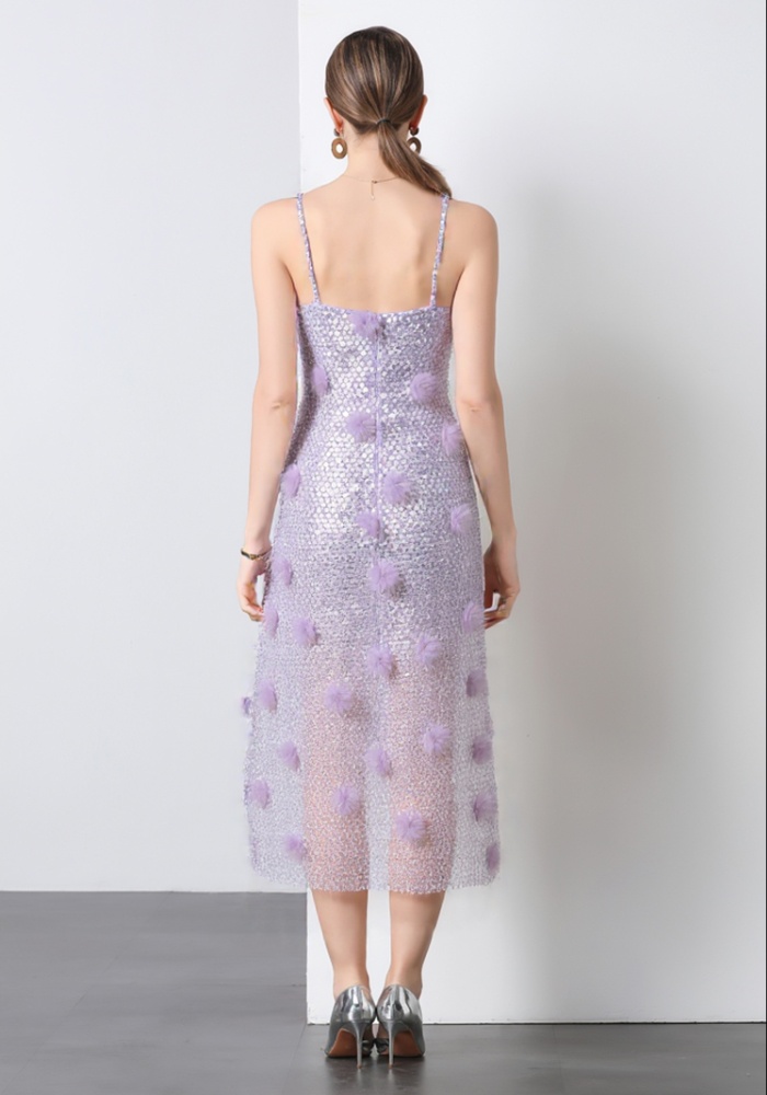 Gauze temperament V-neck long dress sling sequins dress