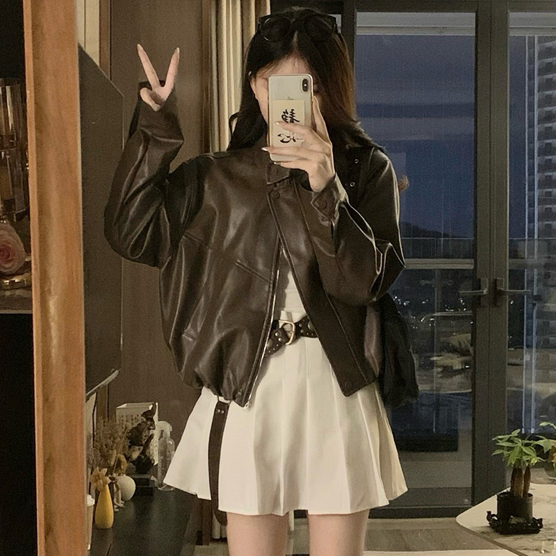 Loose retro jacket PU autumn coat for women