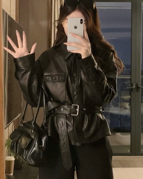 Autumn all-match jacket pinched waist leather coat