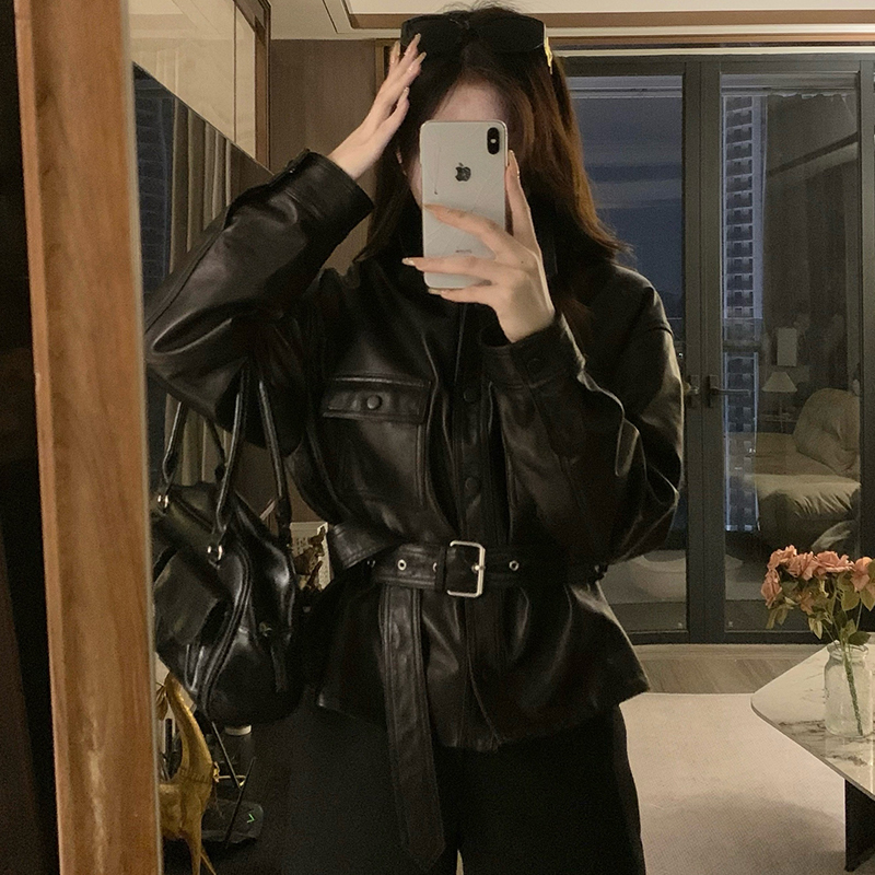 Autumn all-match jacket pinched waist leather coat
