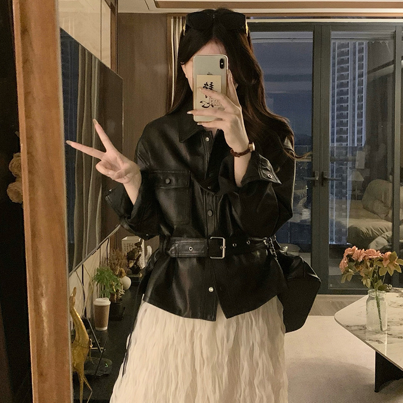 Autumn all-match jacket pinched waist leather coat