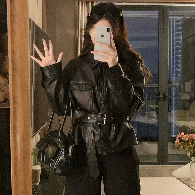 Autumn all-match jacket pinched waist leather coat
