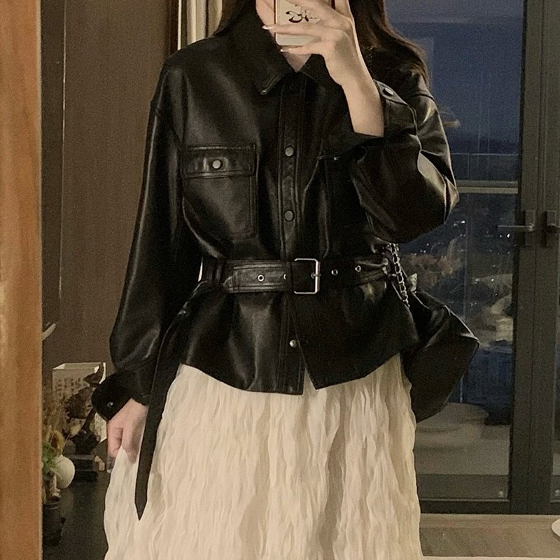 Autumn all-match jacket pinched waist leather coat