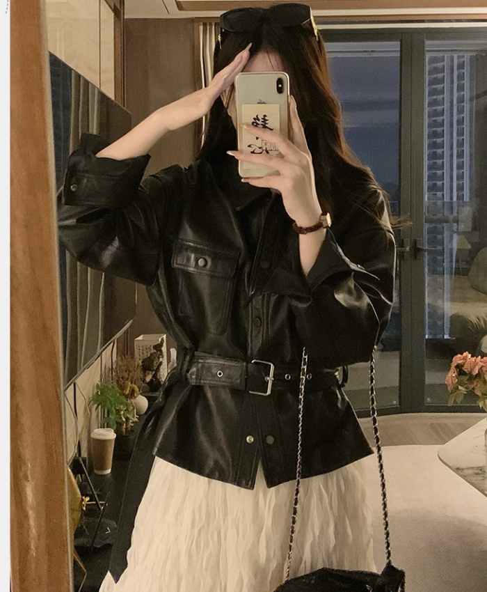 Autumn all-match jacket pinched waist leather coat