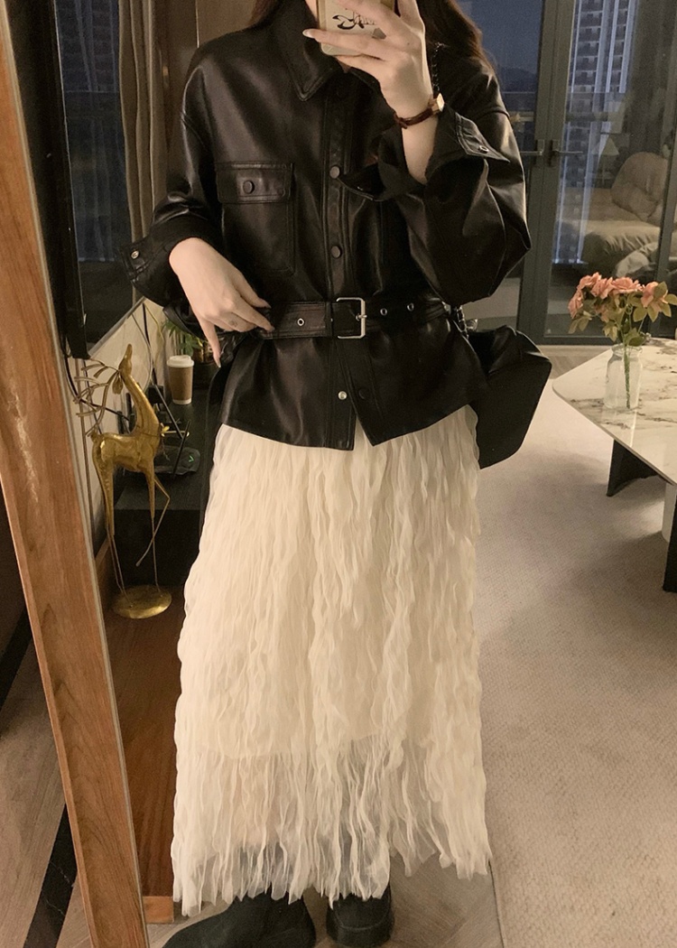 Autumn all-match jacket pinched waist leather coat