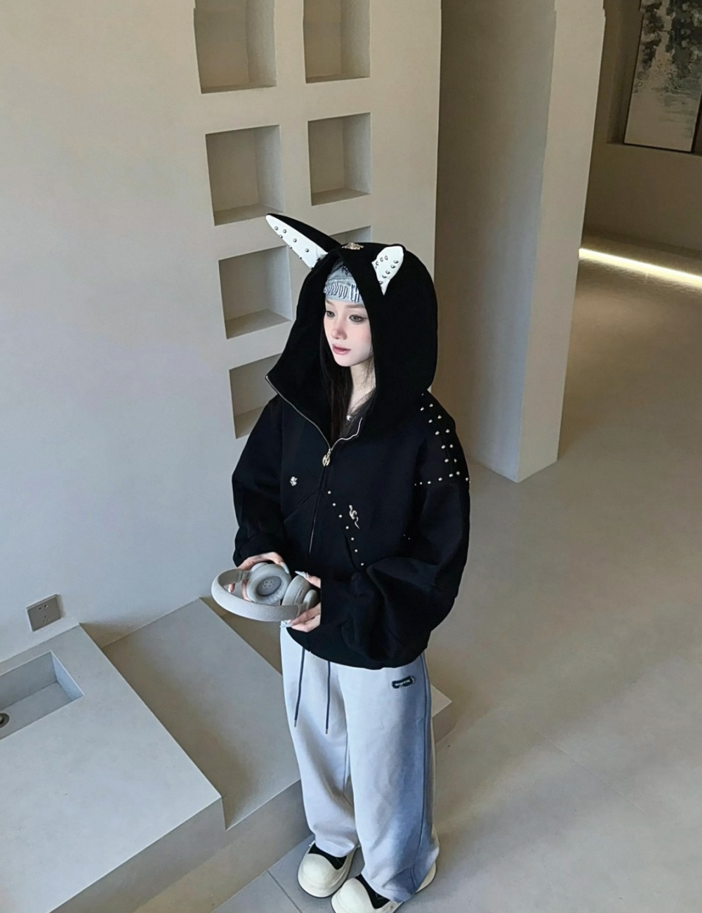 Couples rivet autumn hoodie hooded splice niche coat