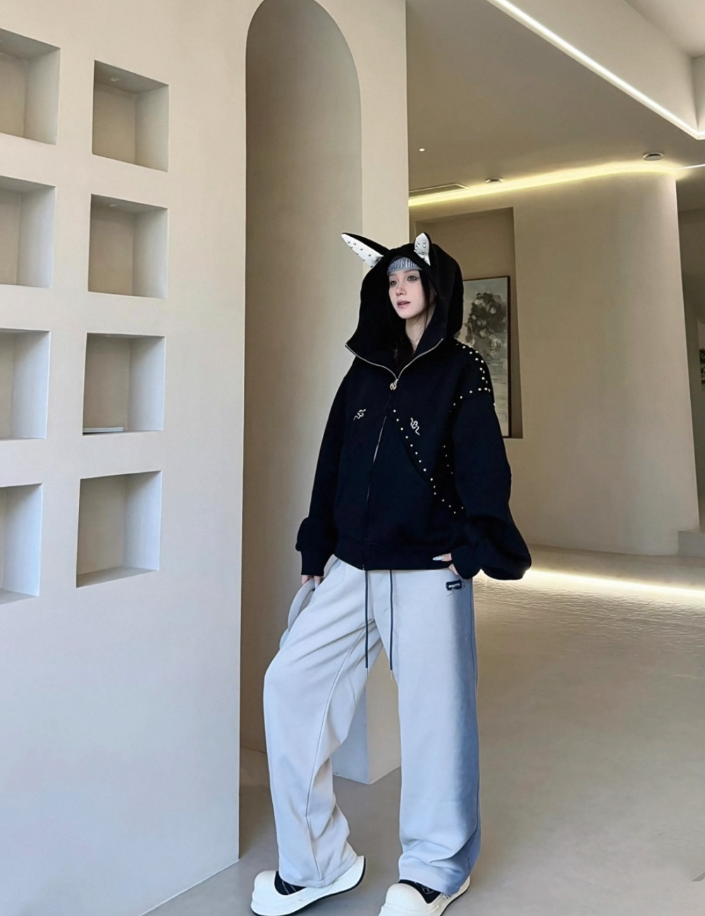 Couples rivet autumn hoodie hooded splice niche coat