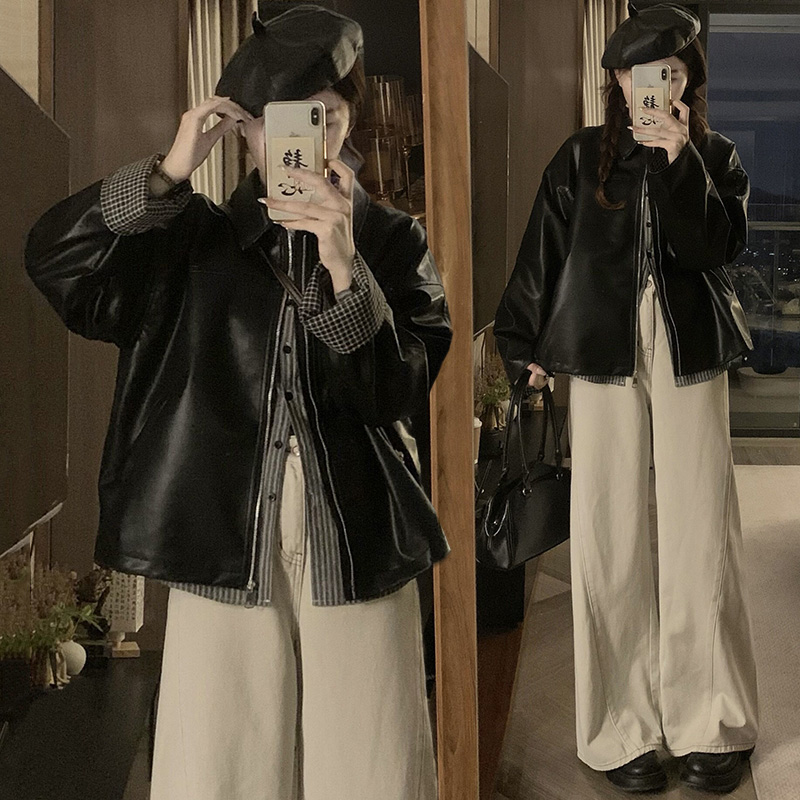 Imitation of sheepskin plaid leather coat buff splice coat