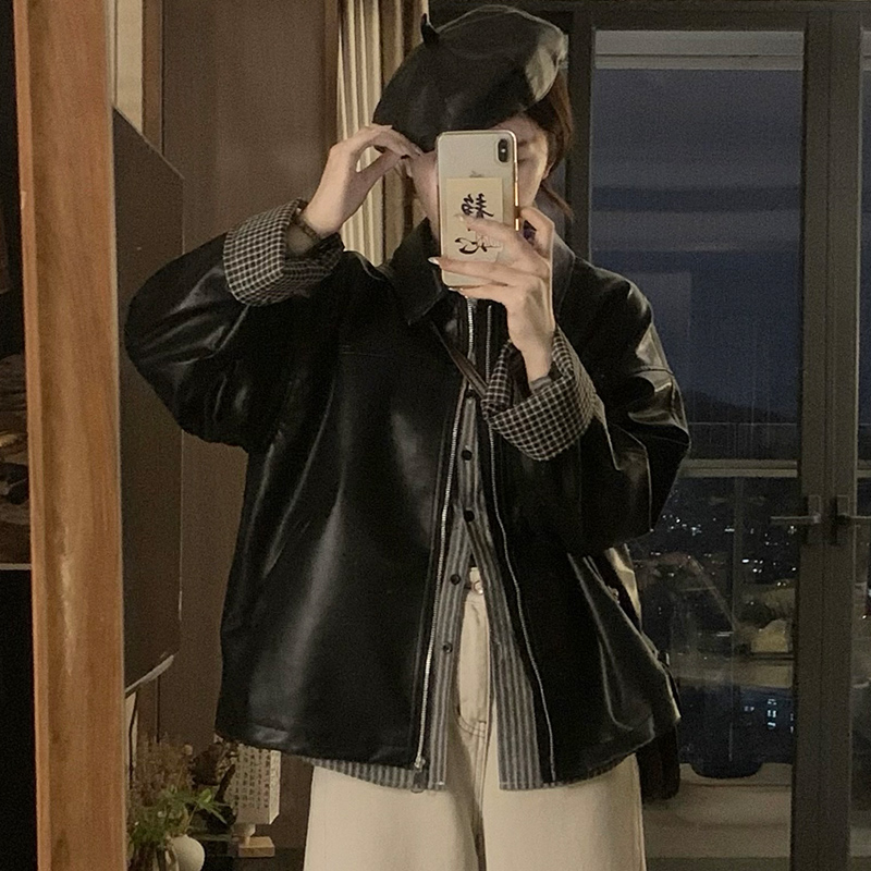 Imitation of sheepskin plaid leather coat buff splice coat