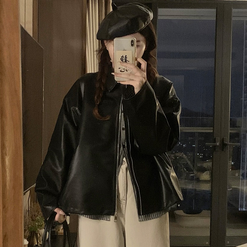 Imitation of sheepskin plaid leather coat buff splice coat