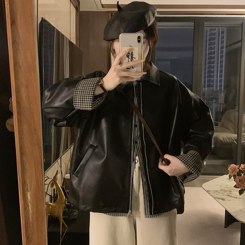 Imitation of sheepskin plaid leather coat buff splice coat