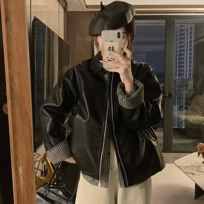 Imitation of sheepskin plaid leather coat buff splice coat