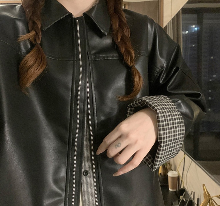 Imitation of sheepskin plaid leather coat buff splice coat