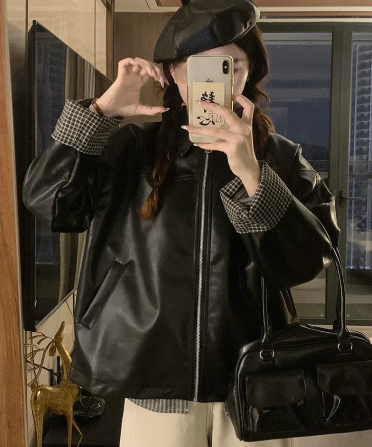 Imitation of sheepskin plaid leather coat buff splice coat