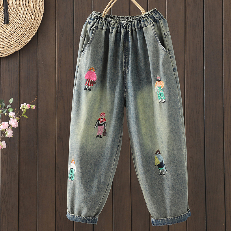 Denim embroidery harem spring and autumn pants