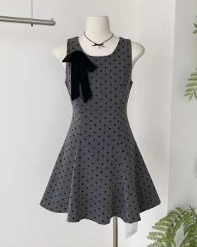 Summer square collar pinched waist bow polka dot dress