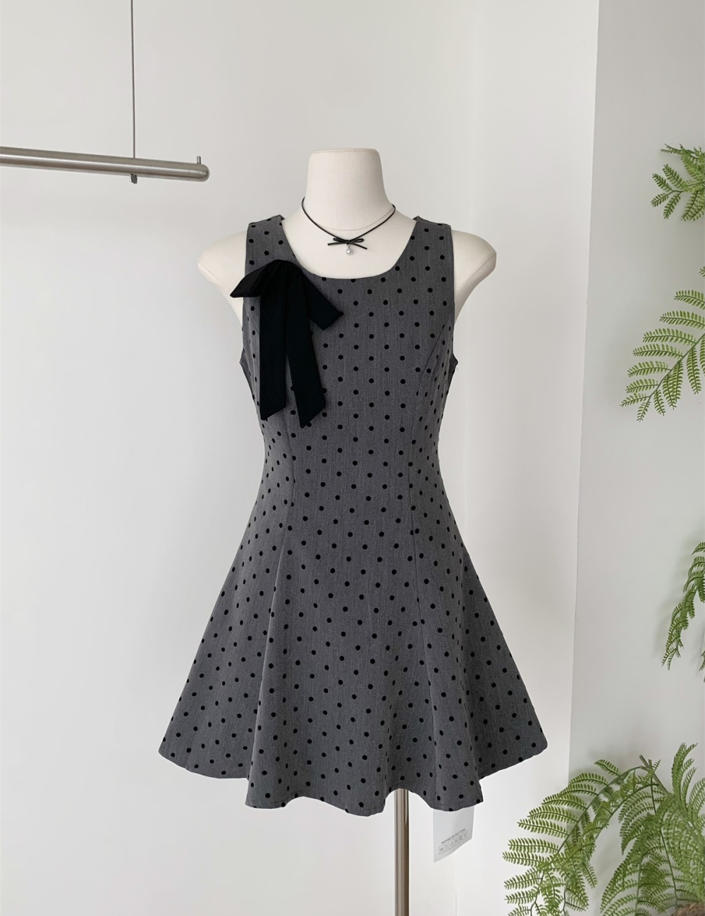 Summer square collar pinched waist bow polka dot dress