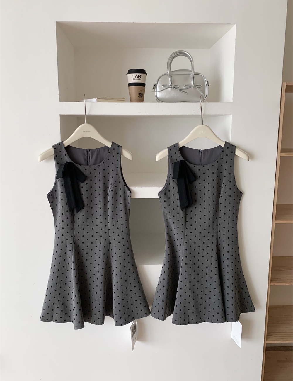 Summer square collar pinched waist bow polka dot dress