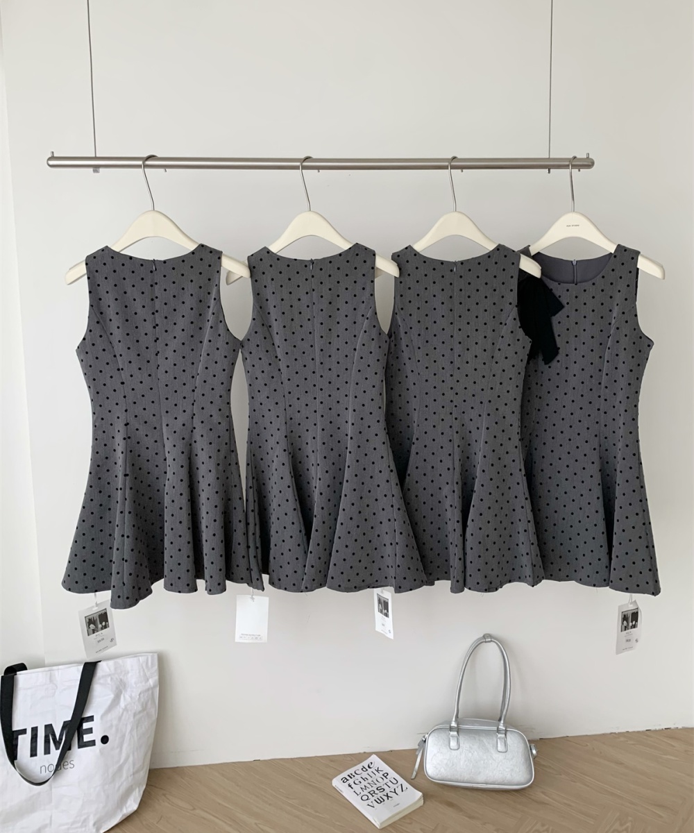 Summer square collar pinched waist bow polka dot dress
