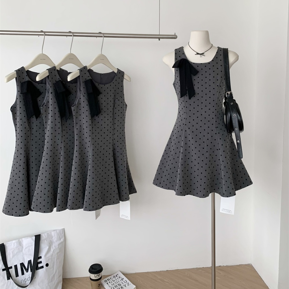 Summer square collar pinched waist bow polka dot dress