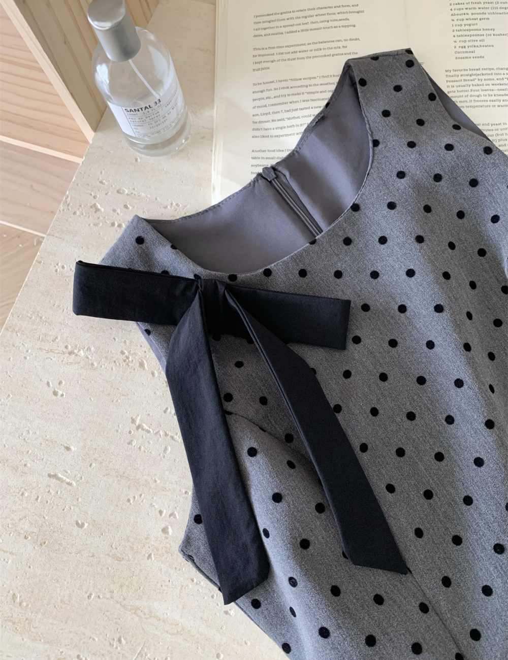 Summer square collar pinched waist bow polka dot dress