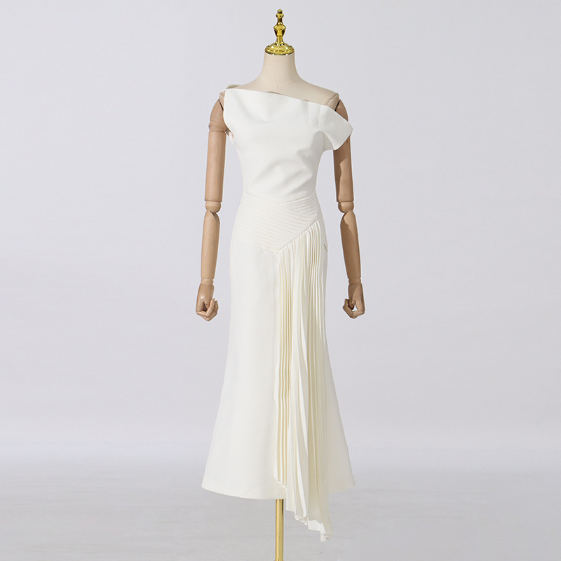 Temperament ladies fold dress slim white summer evening dress