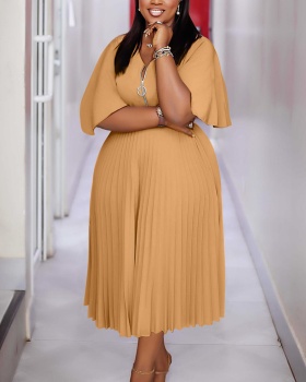 European style lotus sleeve V-neck dress for women