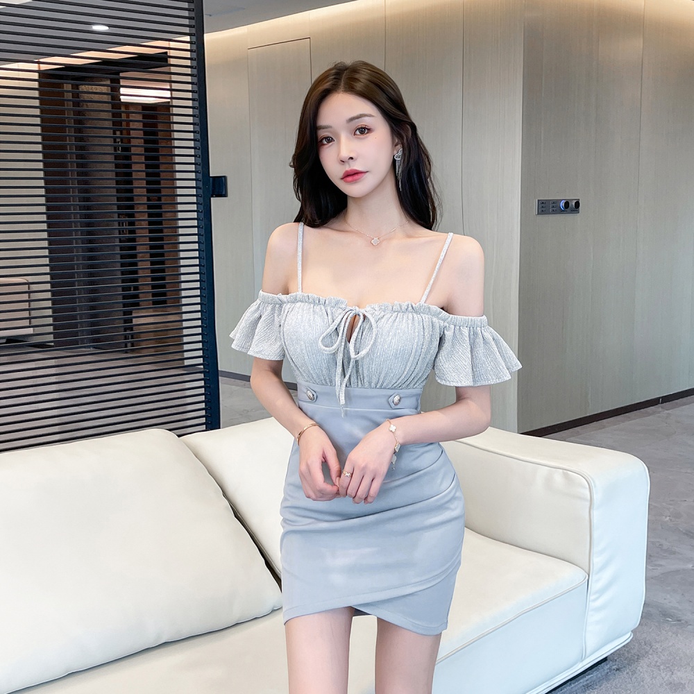 Sexy pinched waist T-back puff sleeve dress for women