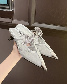 High-heeled low bow sandals thick pointed gauze slippers