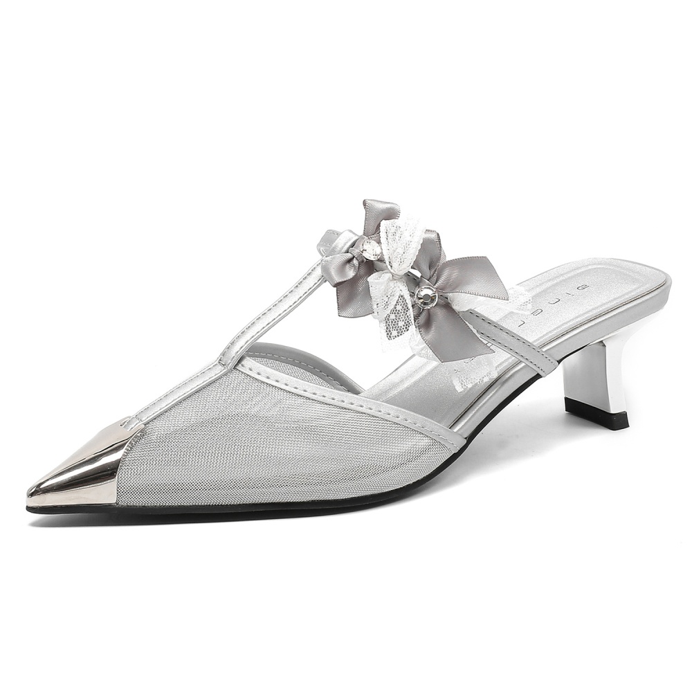 High-heeled low bow sandals thick pointed gauze slippers