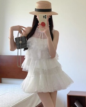 White gauze skirt sleeveless tops 2pcs set
