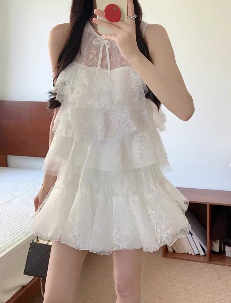 White gauze skirt sleeveless tops 2pcs set