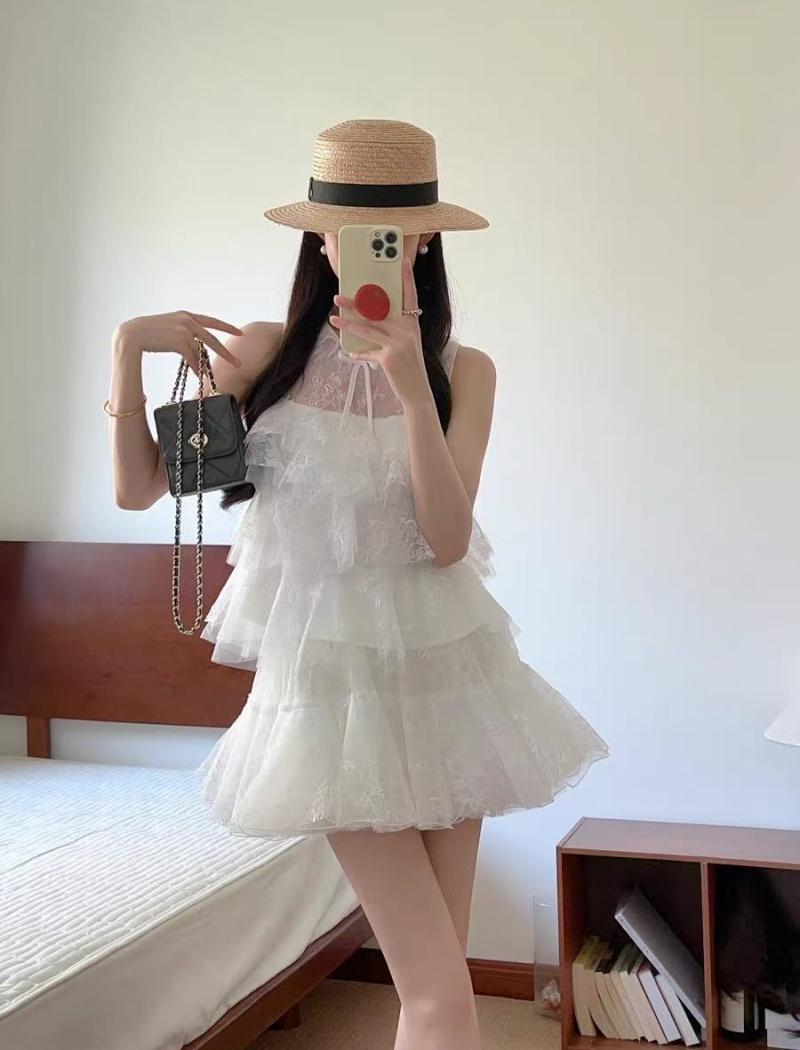 White gauze skirt sleeveless tops 2pcs set
