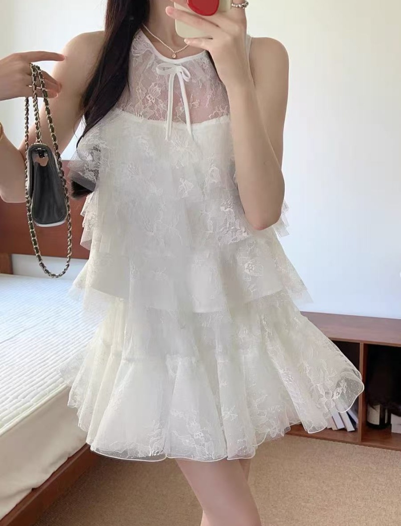 White gauze skirt sleeveless tops 2pcs set