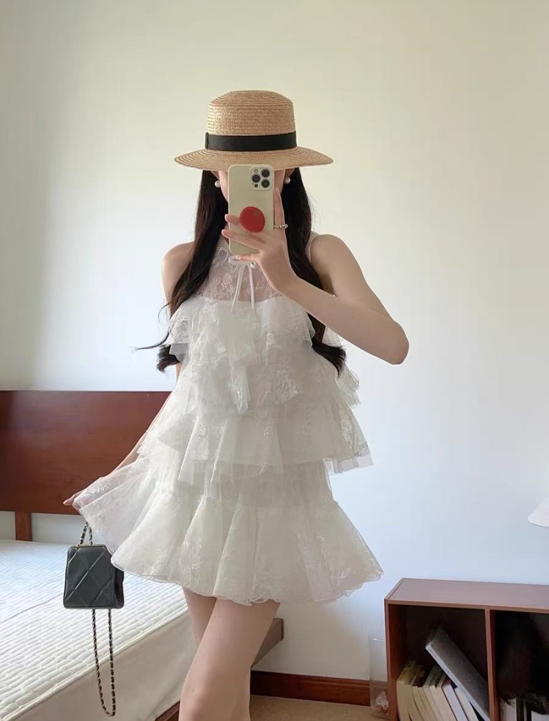 White gauze skirt sleeveless tops 2pcs set