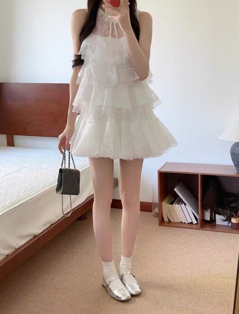 White gauze skirt sleeveless tops 2pcs set