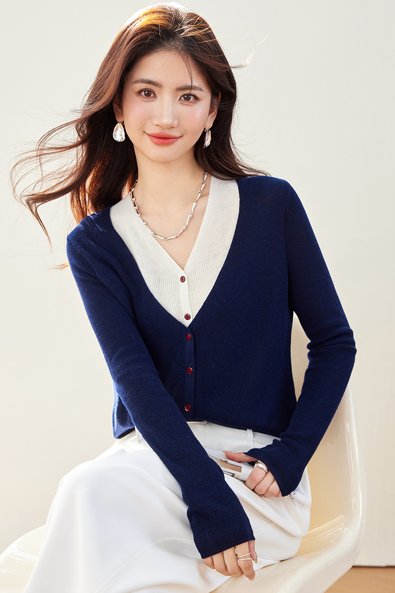 Wool knitted autumn cardigan lazy Pseudo-two tops