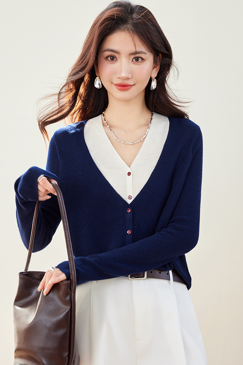 Wool knitted autumn cardigan lazy Pseudo-two tops