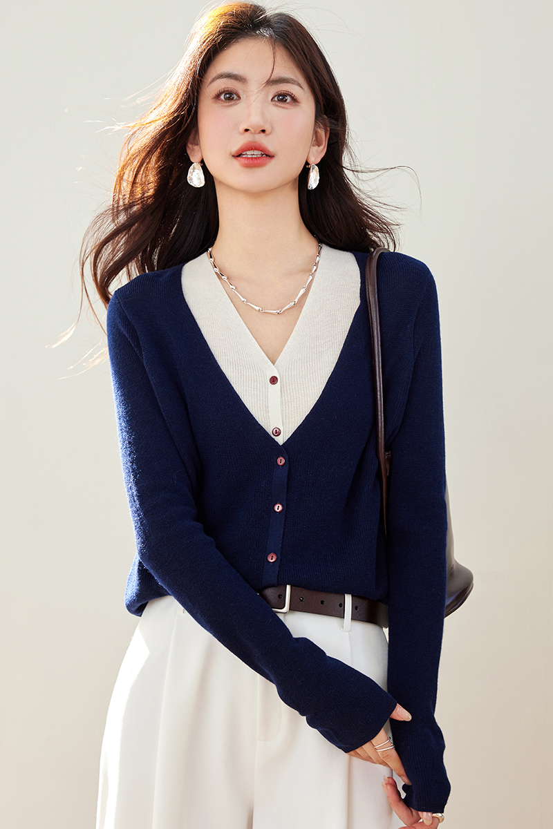 Wool knitted autumn cardigan lazy Pseudo-two tops