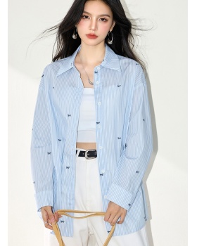 Loose stripe bow shirt blue lapel sunscreen cardigan for women