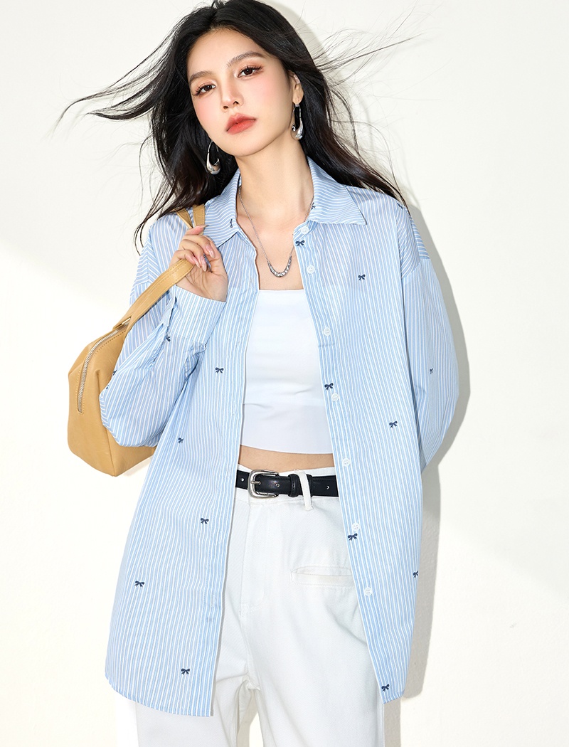 Loose stripe bow shirt blue lapel sunscreen cardigan for women